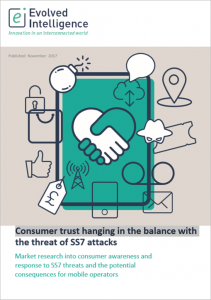 Front cover of the Evolved Intelligence - Innovation in an interconnected world report titles 'Consumer trust hanging in the balance with the threat of SS7 attacks'.